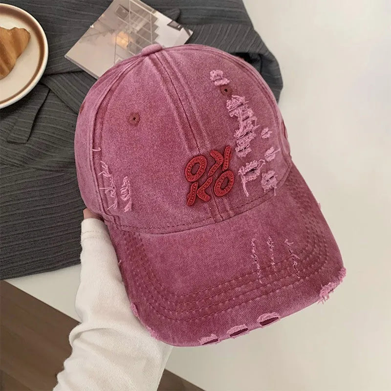 Hip Hop Unisex Baseball Cap Punk Holes Washed Cotton Snapback Peaked Hat Solid Color Street Visors Dad Trucker Letters Cap