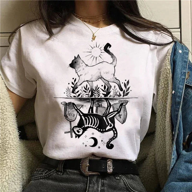 T-shirts Short Sleeve Harajuku Graphic Top Shirts Street Costume Women Cartoon Witch Magic Tshirt Halloween Print