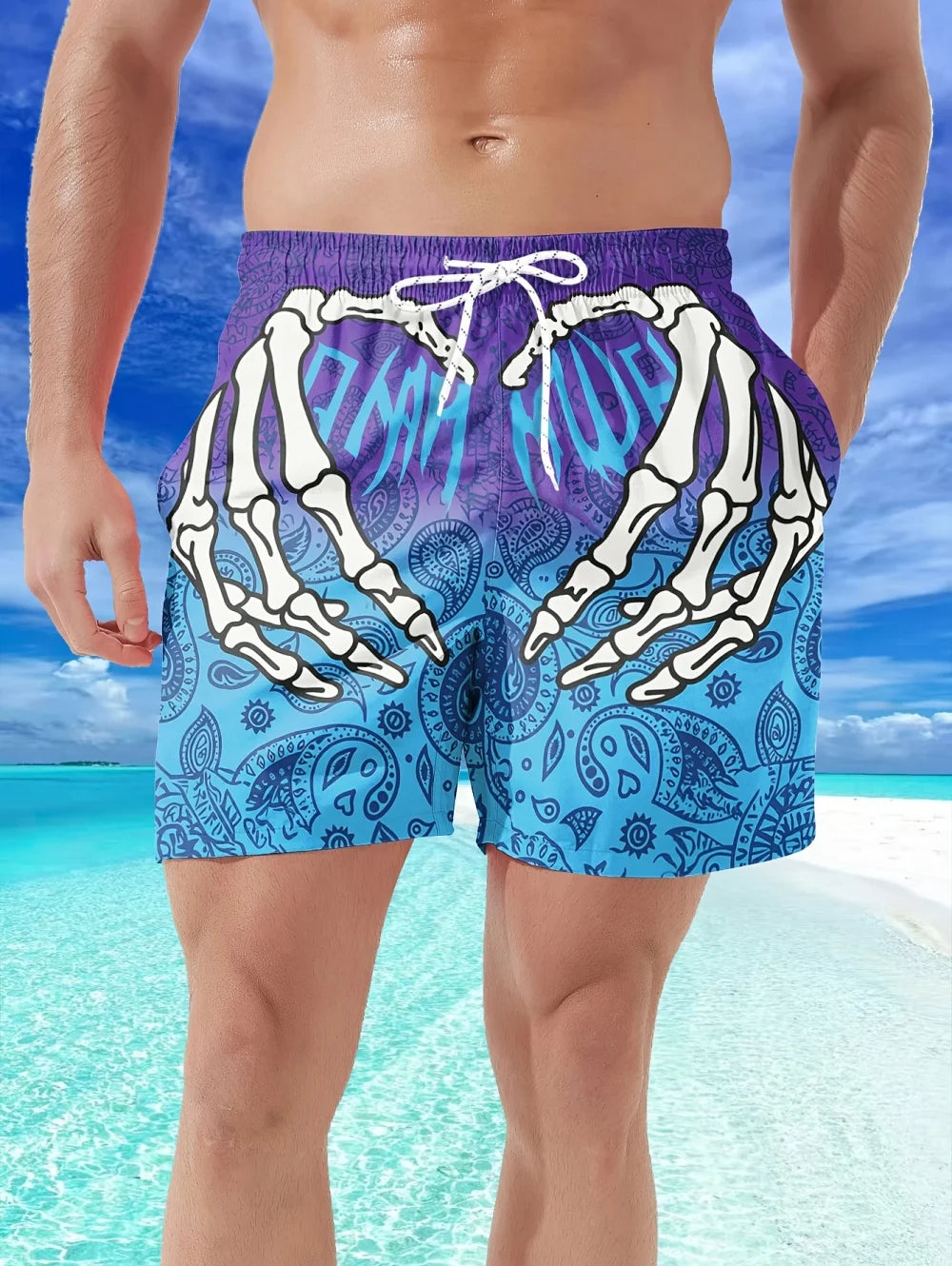 Fashion Men's 3D Skeleton Hand Printed Shorts Men Sports Breathable Oversize Beach Shorts Casual Swim Trunks Men Summer Clothing