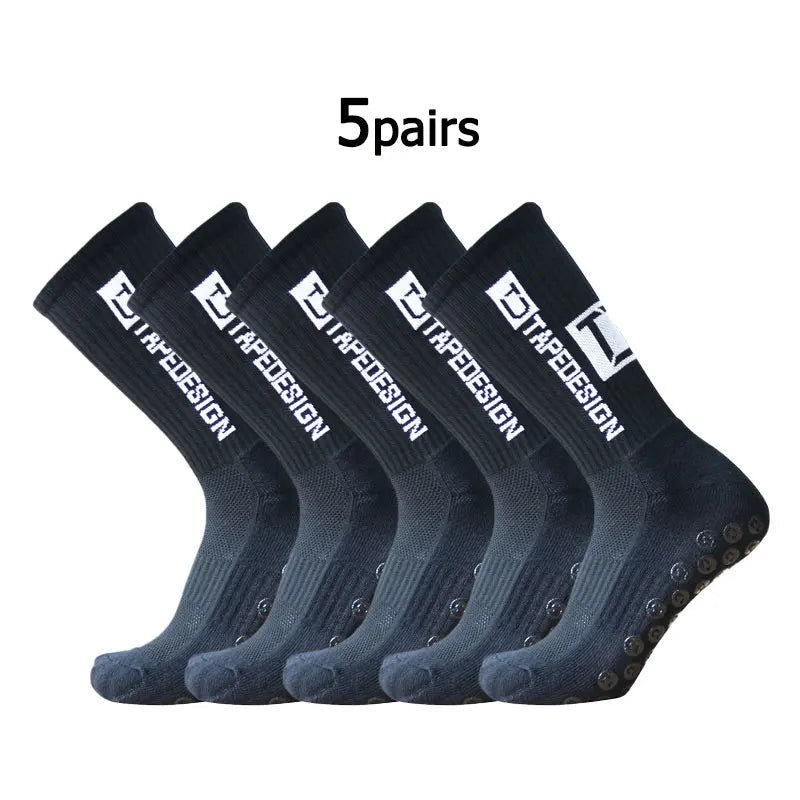 5Pairs/Lot New ANTI SLIP Tapedesign Football Socks Mid Calf Non-Slip Soccer Sport Cycling Sports Mens Sock EU38-45