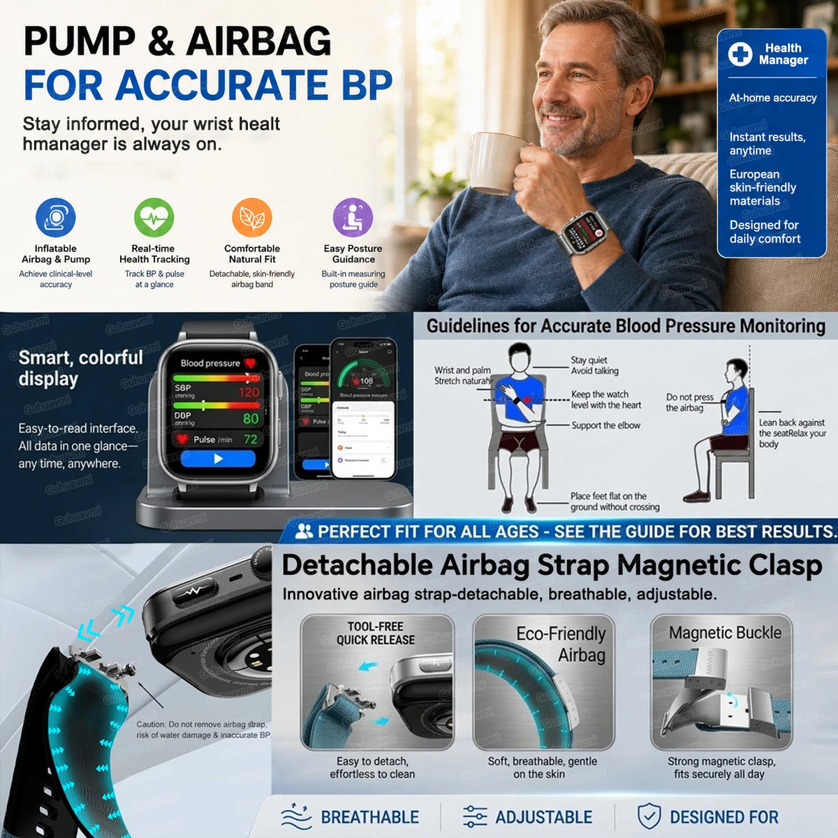 New Ladies Health Smart Watch NFC Airbag Blood Pressure ECG AI Diagnosis Blood Lipid Uric Acid SOS Call Smartwatch For Women BOX