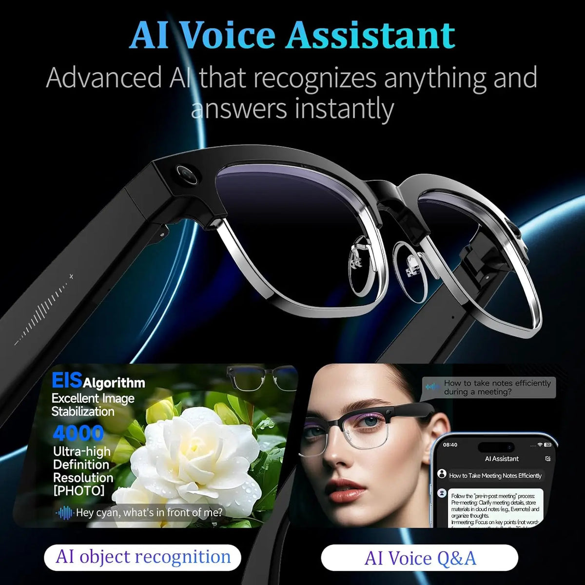 New Business 4K HD Color Change AI Smart Glasses 800W Pixel Camera 1080P Video AI Chat Music Player Call AI Sports Glasses Men