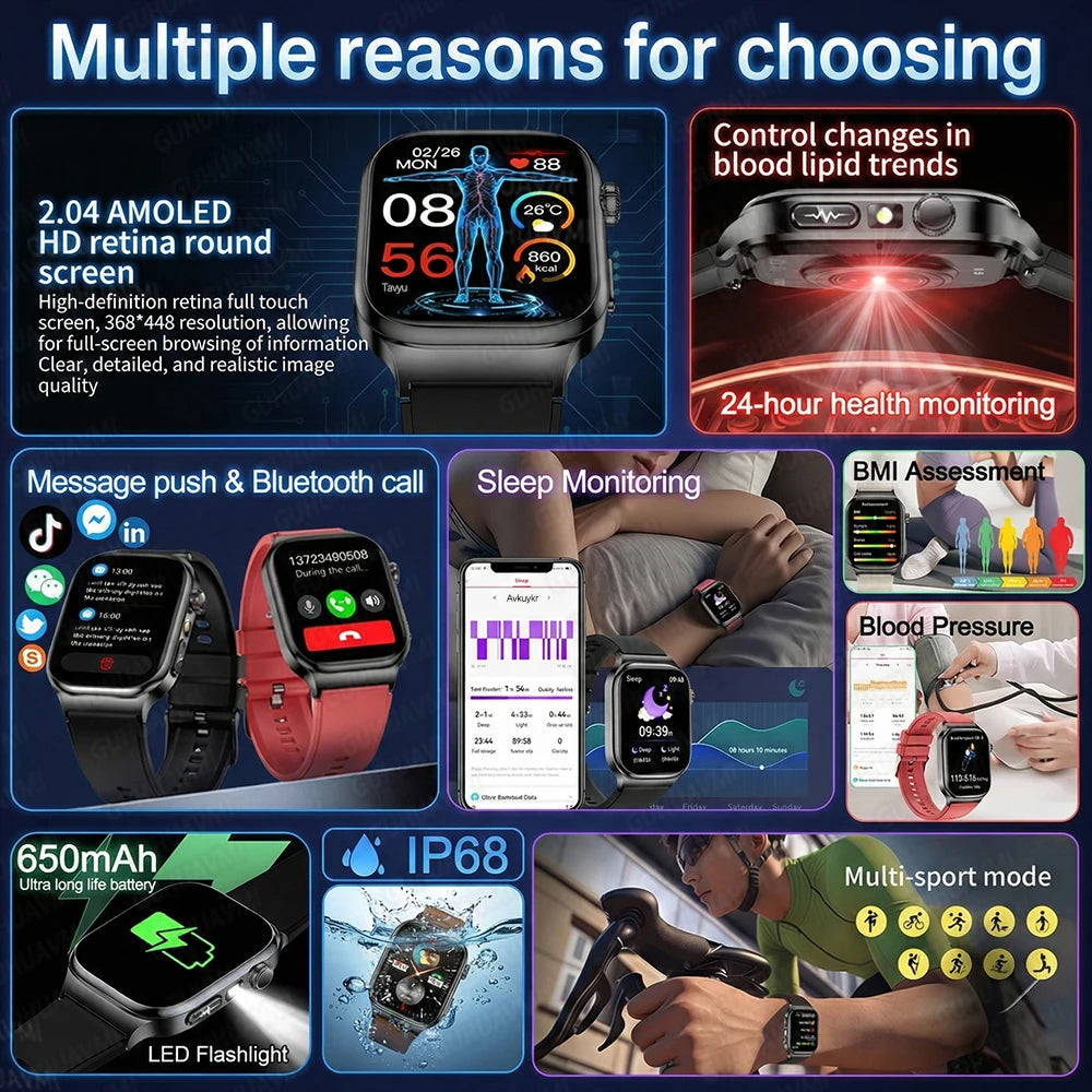 2026 New Hospital Level Health Smart Watch Body Fat ECG Blood oxygen BP Health AMOLED Screen HD Call Sport Smart Watches For Man