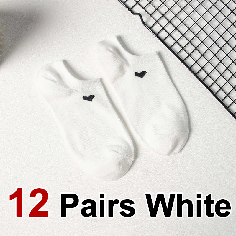 6/12 Pairs Solid Color Heart-Shaped Printed Women Short Socks Summer Breathable Soft Comfortable Simple Style Casual Socks