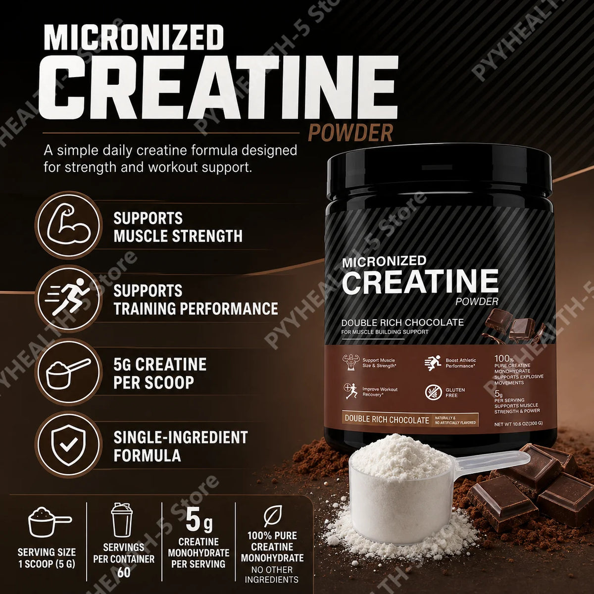 Creatine Monohydrate Powder 10.6 OZ Chocolate Flavor Sports Nutrition Support Athletic Performance Post‑Workout Muscle Recovery