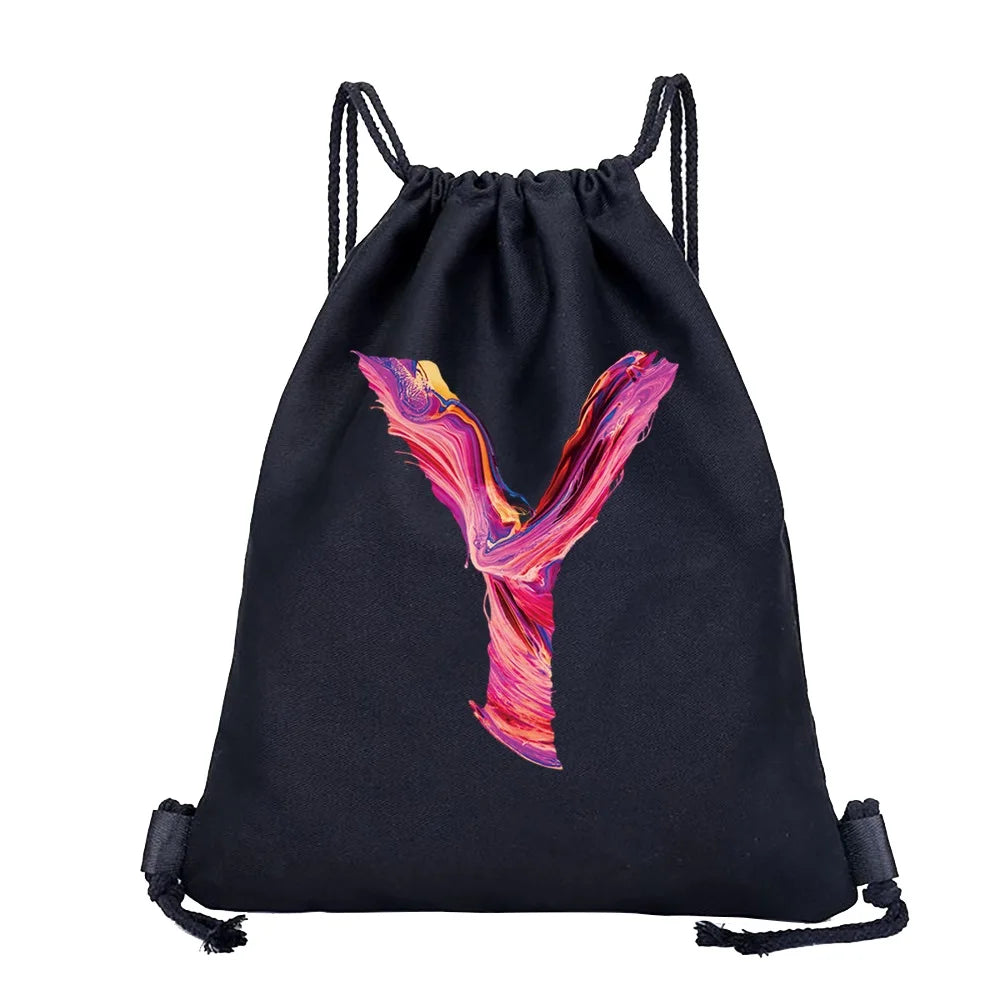 26 Initials Print Drawstring Bag Backpack Men and Women Beach Sports Travel Backpack Kid Gift Supplies Bag Portable Sundries Bag