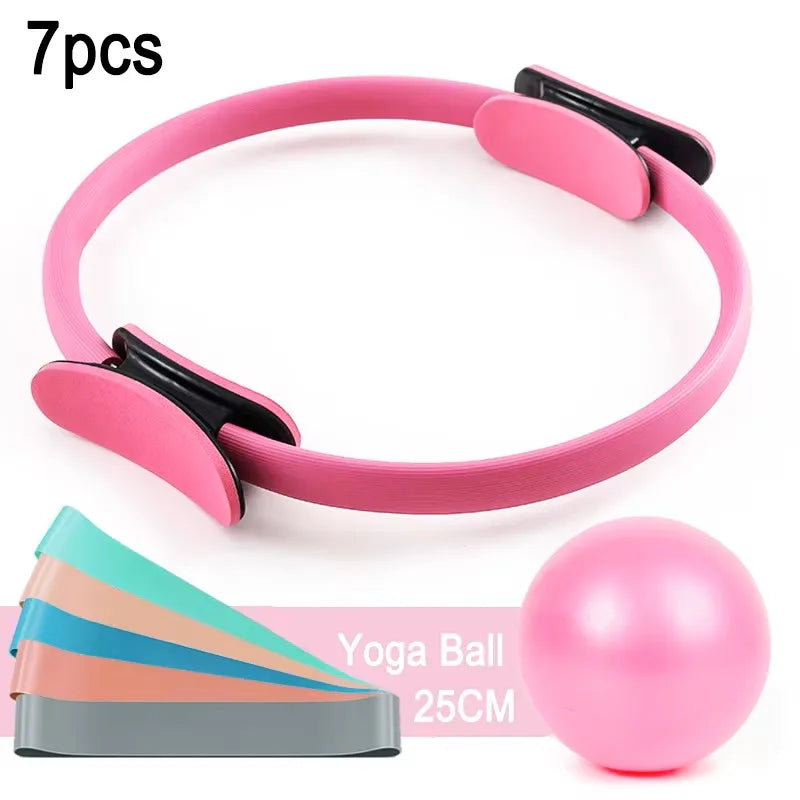 7Pcs/Set Pilates Ring Set, Magic Circle, Explosion-Proof Pilates Mini Ball, High Elastic Resistance Band, Yoga Wheat Tube Bal