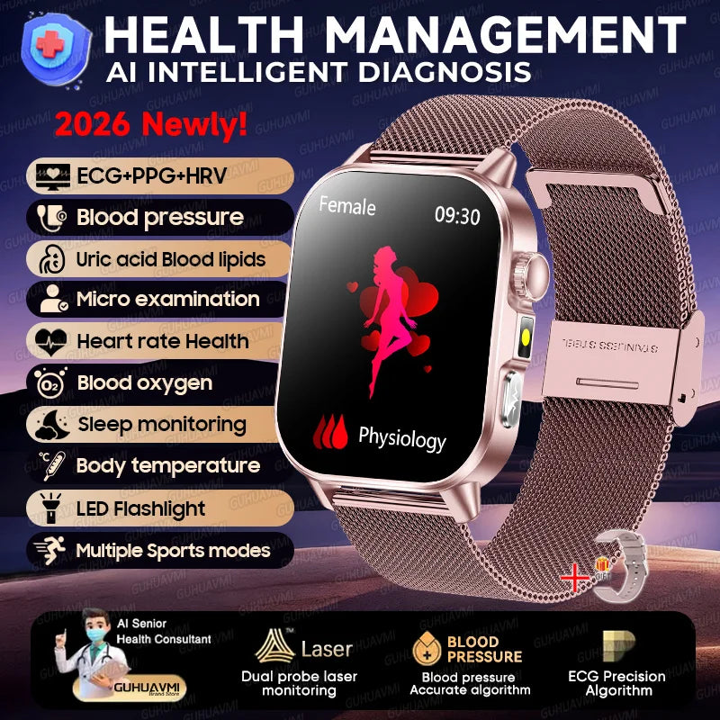 2026 New Micro Physical Examination Health Smartwatch Blood Pressure Uric Acid Blood Lipids Flashlight Care Smartwatch for Women