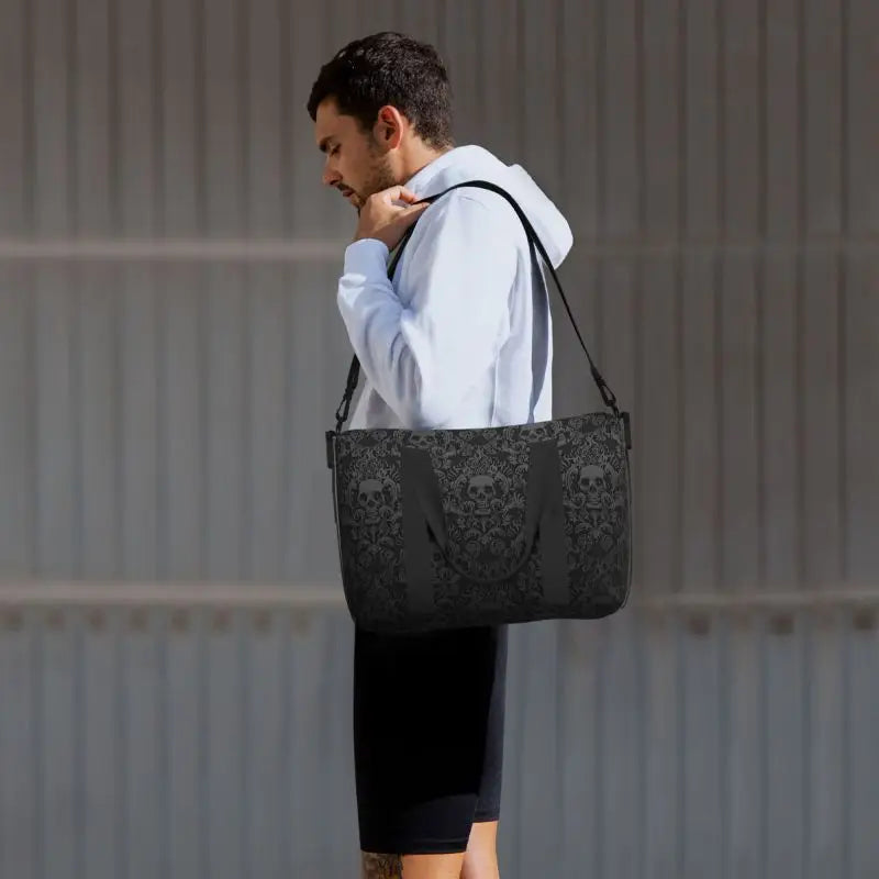 Gothic Black Skull Damask Print Hand Travel Bag Multipurpose Weekender Bags Unisex Casual Waterproof Sports Yoga Luggage Bag