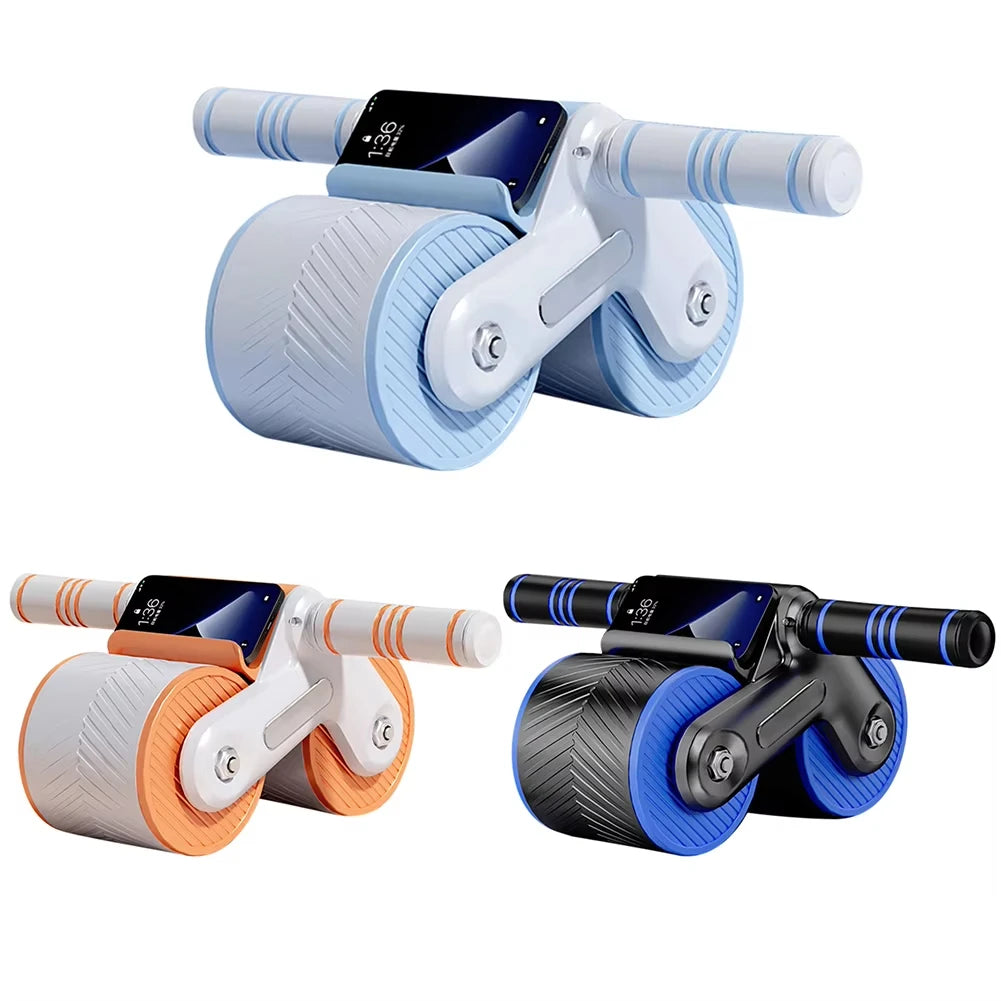 Auto Rebound Double Wheel Ab Roller with Phone Holder Non-Slip Abdominal Workout Wheel Home Core Trainer for Beginner Fitness