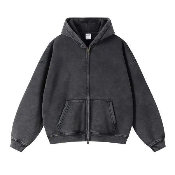 Spring Autumn New Fahsion Men's Casual Trendy Loose Solid Color Waxed Hooded Hoodies American Zipper Washed Vintage Coat Male