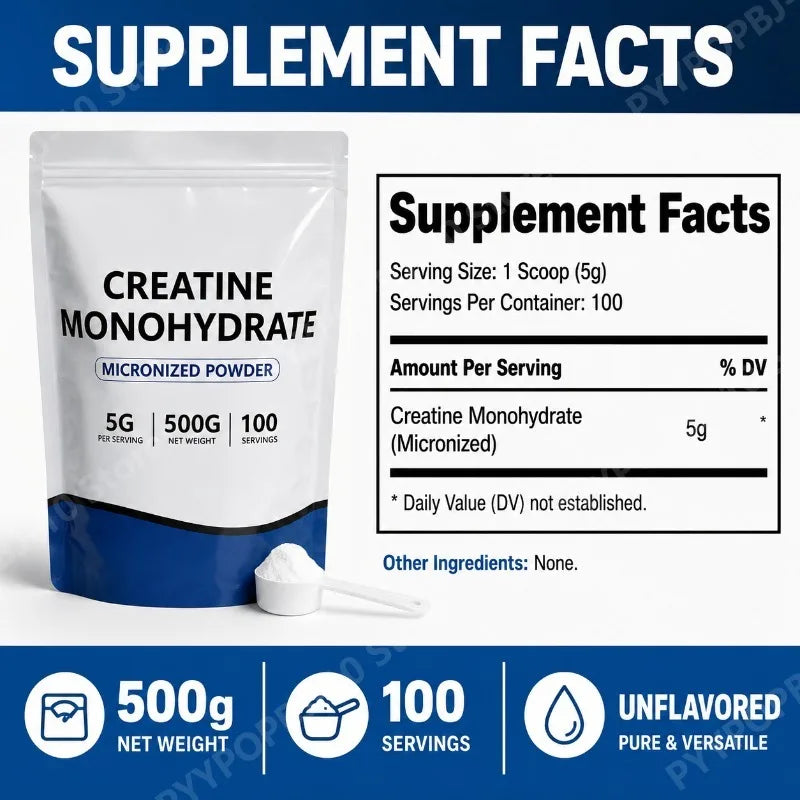 Creatine Monohydrate Micronized Powder Unflavored 5g 500g 100 Servings Third-Party Tested Performance Recovery Support GMO-Free