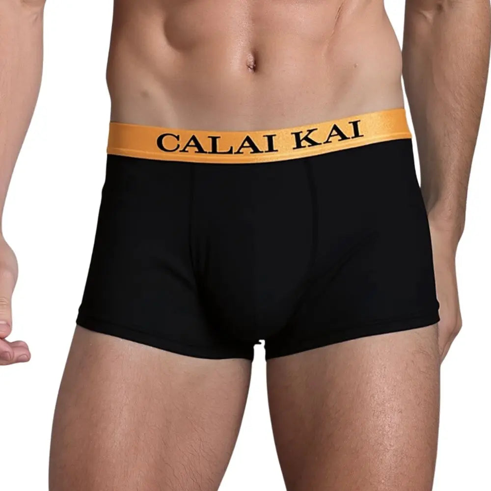 Men Trendy Boxer Briefs Gold‑Black Printed Elastic Waistband Soft Stretch Breathable Underpants for Gym Sports Daily Casual Wear