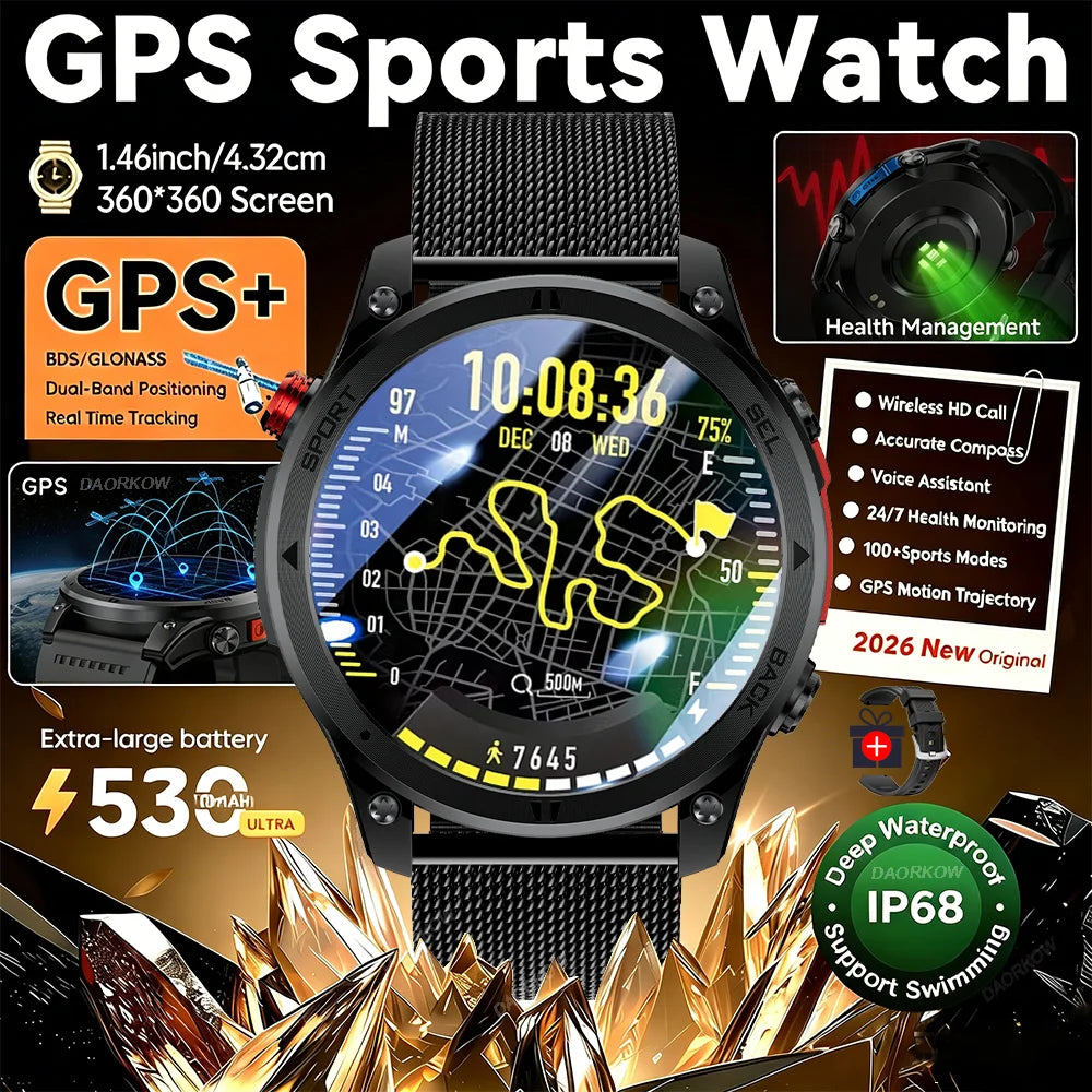 Gold Smartwatch for Men: 1.46-Inch AMOLED Screen, LED Flashlight, 560mAh Battery, 10ATM Waterproof, Bluetooth Call Smartwatch