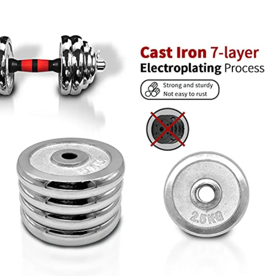 Home gym adjustable dumbbell set with 3-in-1 barbell rod, chromed metal weights, black finish, up to 110lbs max load, includes