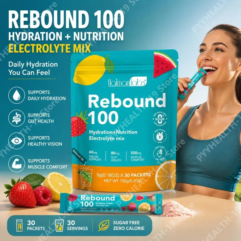 HalmanLabs Rebound 100 Electrolyte Mix Powder Packets Vitamins C B6 B12 Lutein For Hydration Gut Vision Muscle Adult 30 Count