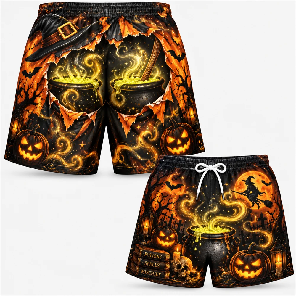 2026 Funny Halloween Fake Buttocks Board Shorts For Men 3D Jack O Lantern Print Loose Shorts Beach Elastic Waist Holiday Wear