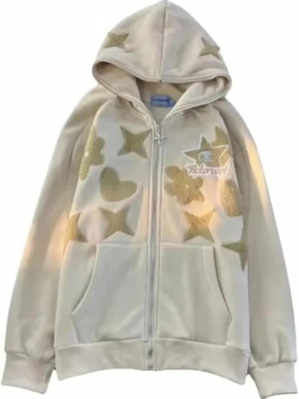 Women Retro Embroidery Hoodies Autumn Winter Zip Up Long Sleeve Loose Jacket Coats Y2k Harajuku Casual P
