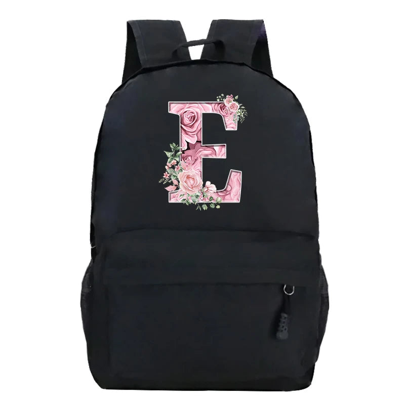 Pink Rose Alphabet Backpack Black Casual Women Aesthetics Rucksack Teenage Girl Boy Flower Letter School Bag Student Mochilas