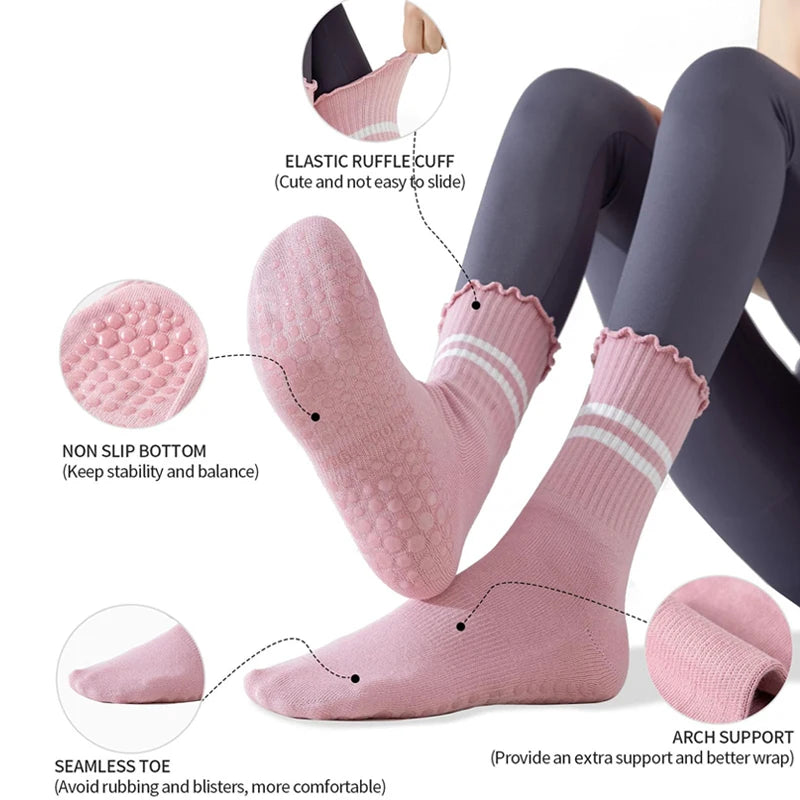 4 Pairs Yoga Socks for Women Cotton Breathable Mid Tube Anti Slip Pilates Socks Stripe Floor Sports Grip Socks