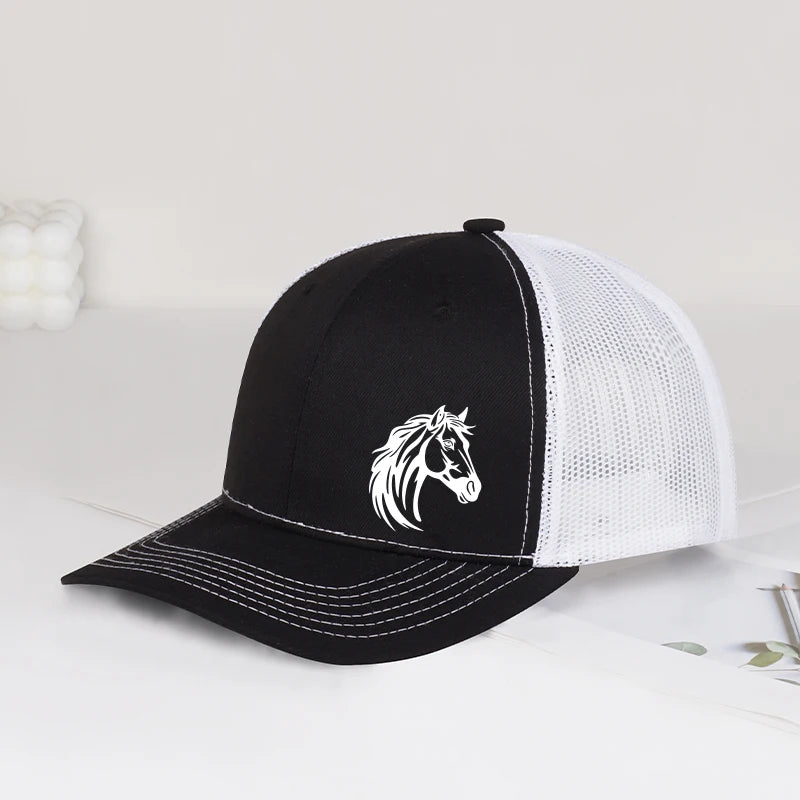 Western Horse Head Print Trucker Cap Adjustable Unisex Cowboy Riding Mesh Sun Hat