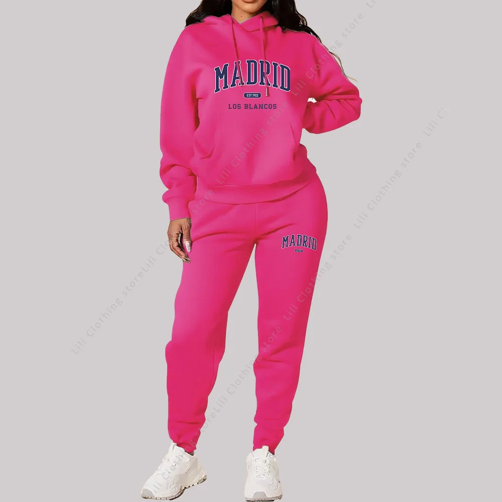 New Ladies TrackSuit Autumn Winter Hoodies Sweatshirts Sweatpants 2 Piece Outfits Madrid Print Trend Sportwear Women Pants Sets