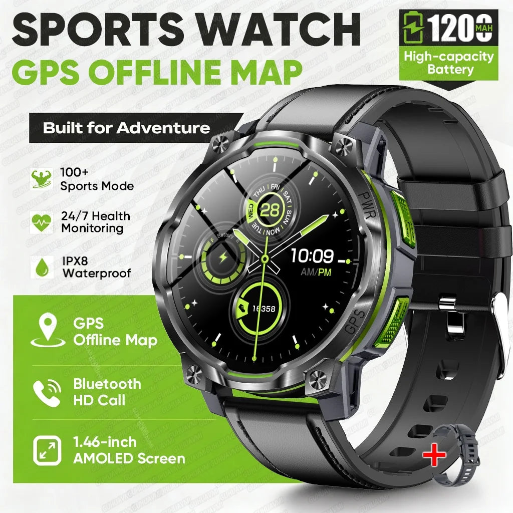 2026 New GPS Offline Map Smart Watch Men 1200mAh Battery IPX8 Waterproof Compass Altimeter Flashlight Bluetooth Call Smartwatch