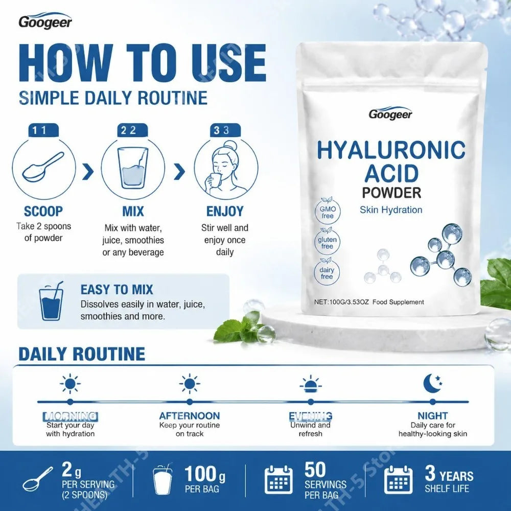 Googeer Hyaluronic Acid Powder for Skin Hydration and Deep Moisturizing, GMO Free Gluten Free Daily Beauty Wellness Support 100g