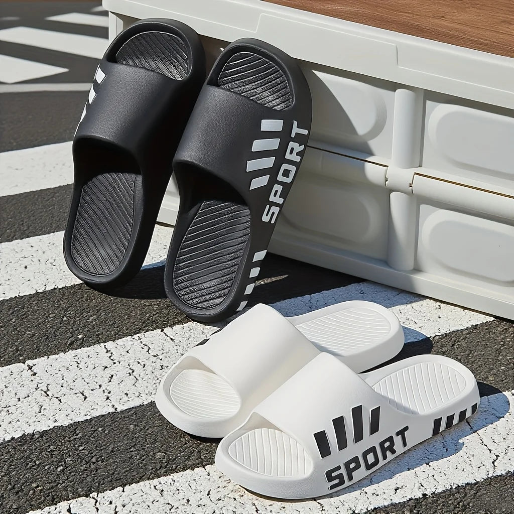 Men Sport Letter Print EVA Slides Striped Decor Non Slip Soft Thick Sole Indoor Outdoor Slippers
