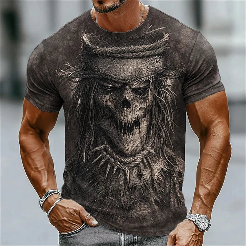 New Men's Halloween Crew-Neck Short-Sleeve T-Shirt Soldier Skull Blood Splatter Print Casual Streetwear Holiday Party Top