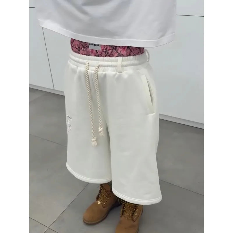American High Street Fashion Brand Y2K Double Waist Embroidered Design Casual Loose Five Quarter Shorts