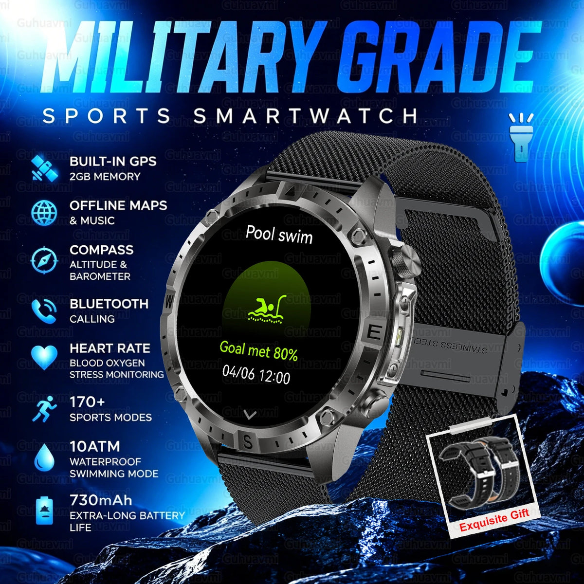 2026 New Rugged Military Smartwatch 2GB Memory GPS Offline Maps Compass 24H Heart Rate 10ATM Waterproof Bluetooth Sports Watches