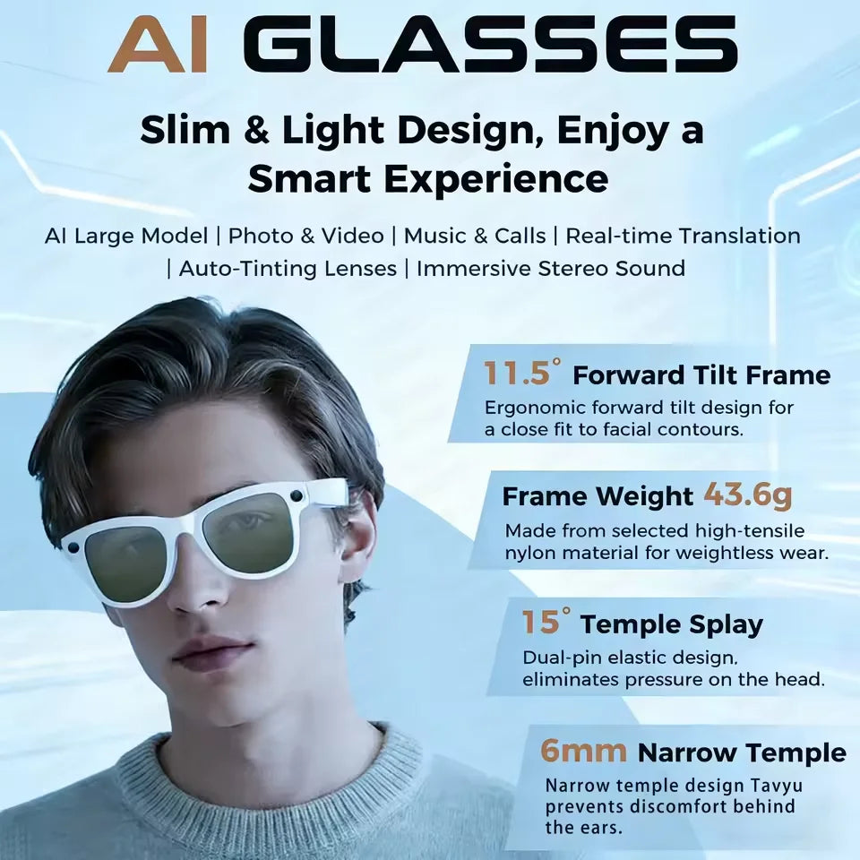 New 2026 AI Smart Glasses 1080P Camera Video Recorder Open Ear Bluetooth Audio Voice Control WiFi Sync Sports Glasses Men Use HD