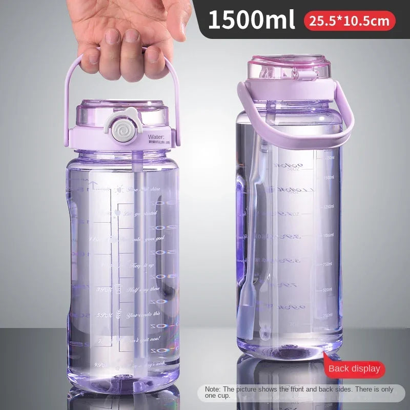 1.5L Sports Water Cup With Straws & Handle BPA-Free Leak-Proof Portable Water Bottle Large Capacity Plastic Straw Water Cup