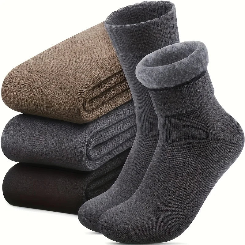 3 Pairs Men's Winter Thermal Socks, Thick Plush Hiking Socks, Toe/Heel Reinforced, Cold Weather Outdoor Socks