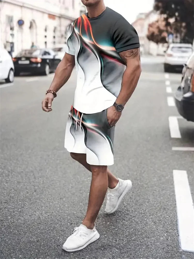New Gradient Texture T-Shirt Men's Two-Piece Summer New Shorts Suit Fashion 3D Printing Street Casual Sportswear Men's Models