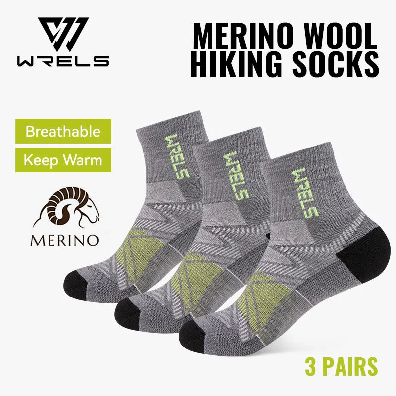 WRELS 1/2/3Pairs Merino Wool Socks Hiking Running Socks Breathable Cushion Sweat Wicking Warm Thermal Compression Wool Socks