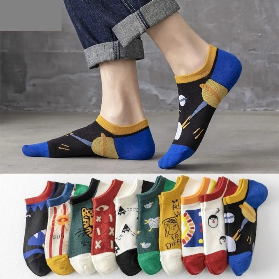 10 Pairs Men's Socks Set Cartoon Fashionable Versatile Casual Ankle Socks Thin Shallow Mouth Comfortable Breathable Cotton Socks