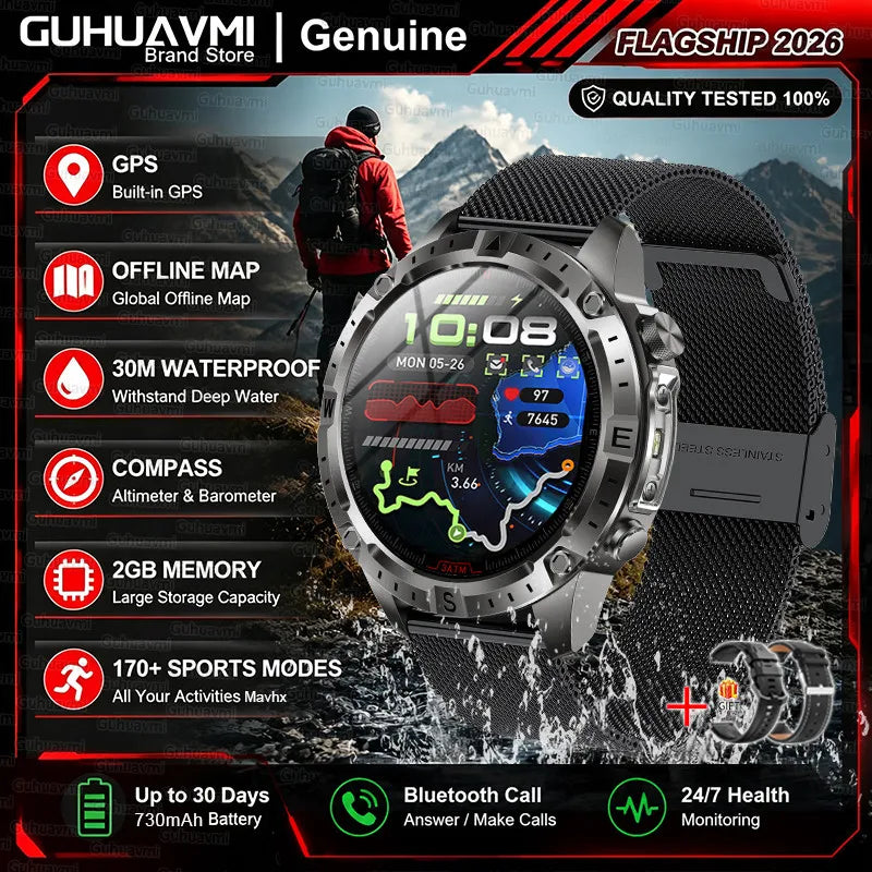 2026New Military Built-in GPS Offline Map Smart Watch AMOLED HD BT Call Compass Flashlight 3ATM Waterproof Men Sports Smartwatch