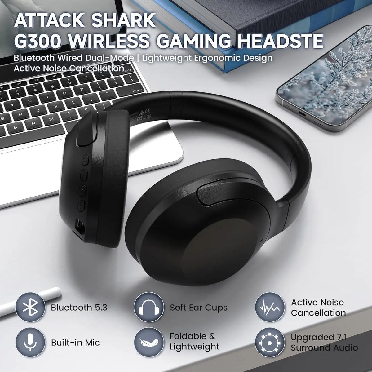 ATTACK SHARK G300 Wireless Bluetooth Headphone with ENC Noise Cancellation, Rechageable Over Ear Headset, 3.5MM Audio Jack