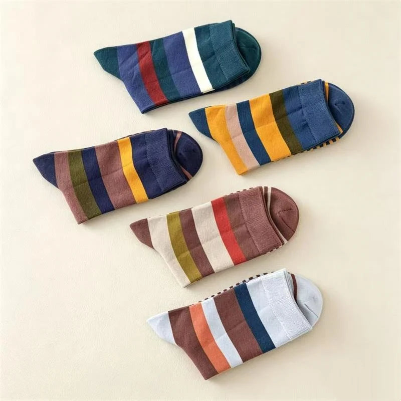 5Pairs/Lot Men's Socks Combed Cotton Outdoor Party Compression Long Socks Fashion Colorful Square Stripe Happy Casual Socks Men