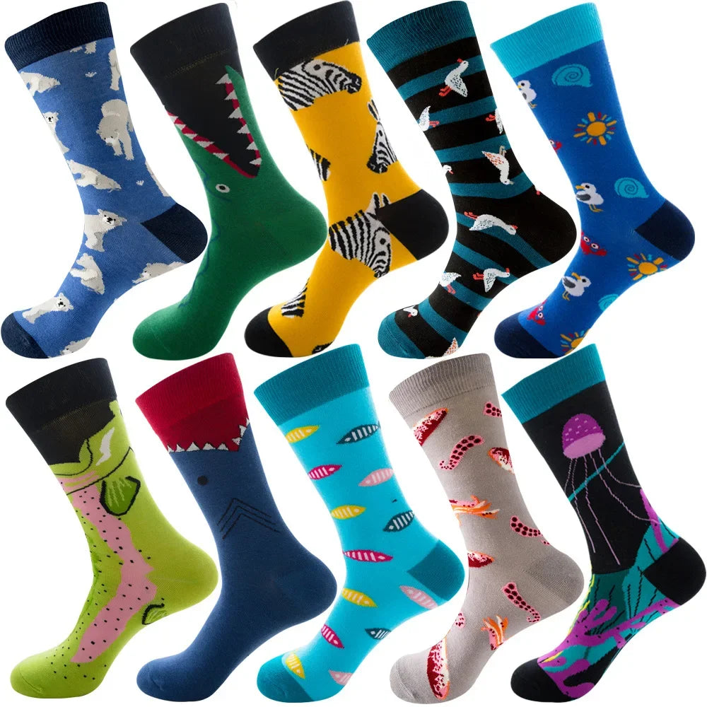 10 Pairs Lot Pack Men Women Couples Lover Socks New Arrival Rhombus Animal Christmas Cartoon Fruit Food Dot Cotton Happy Socks