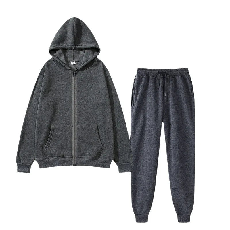 Unisex Solid Color Sportswear Set, Fashionable and Casual, Autumn and Winter Warm Zipper Hooded Cardigan Sweatshirt+Sweatpants
