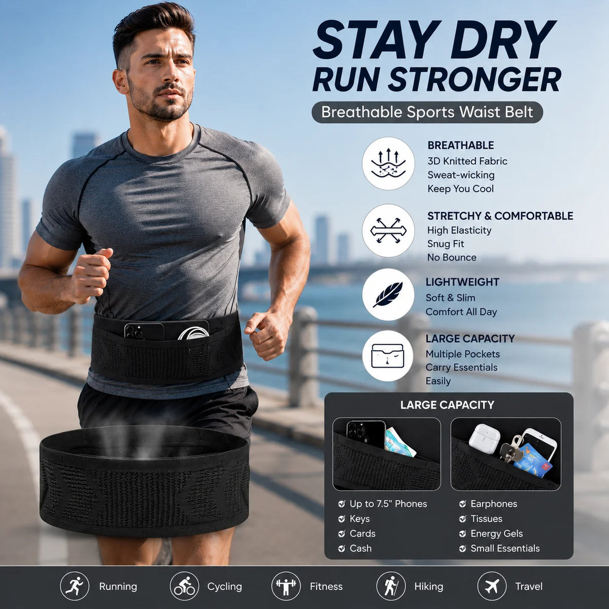 Unisex Running Waist Belt Breathable Sports Phone Holder Anti-Bounce Fitness Pouch for Gym Cycling Hiking