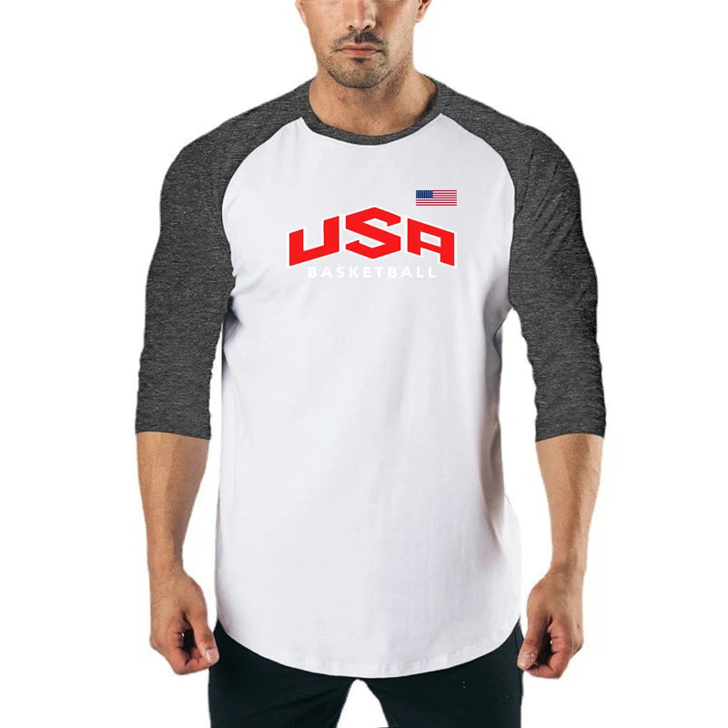 Autumn and Winter Cotton Patchwork Breathable Sweat-wicking Tops Men's Fitness Casual T-shirt Running Training Short Sleeves