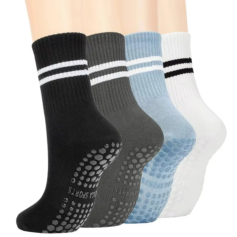4 Pairs Women Anti-Skid Yoga Socks Grips Cotton Mid-Tube Bottom Breathable Fitness Dance Barre Workout Pilates Socks 8 Colors