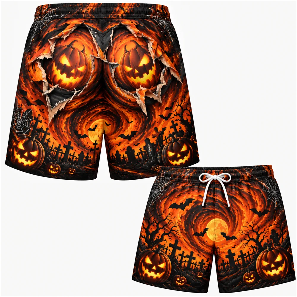 2026 Funny Halloween Fake Buttocks Board Shorts For Men 3D Jack O Lantern Print Loose Shorts Beach Elastic Waist Holiday Wear