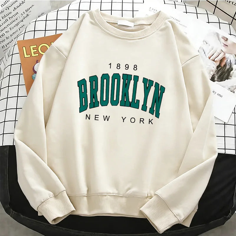 Womens Hoodies Fashion Y2k 1898 BROOKLYN NEW YORK Fleece Sweatshirt Soft Casual O-Neck Pullover Casual Female Clothes