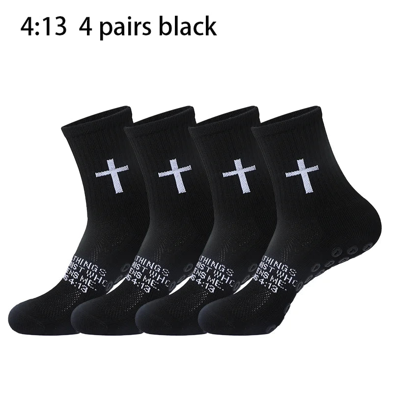 4 Pairs Christian Socks Prayer Socks Jesus Socks, Cross Grip Soccer Socks - Anti-Slip Grips Sports Sock with Bible