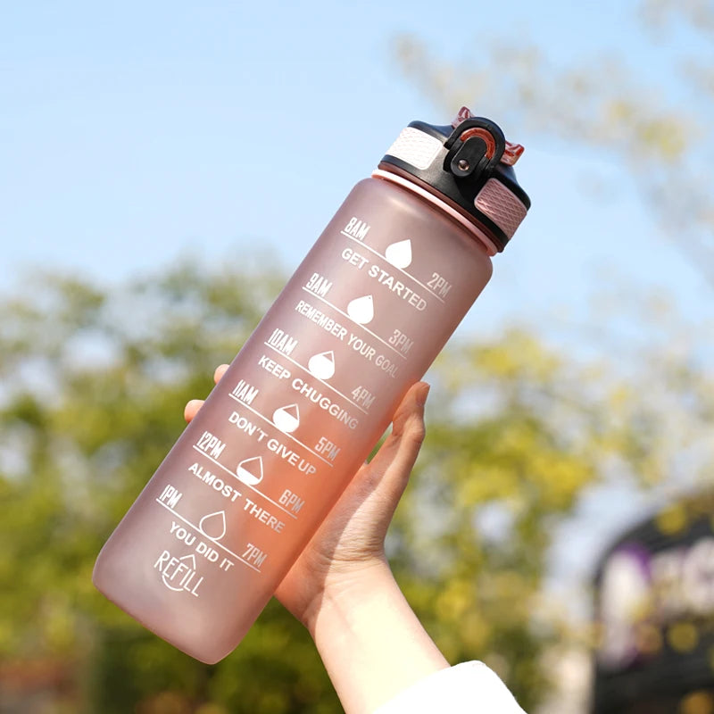 1L Water Bottle 12 Colors Leak Proof with Time Mark Drink and Straw Motivational Drinking Sports Water Bottle for Outdoor Hiking